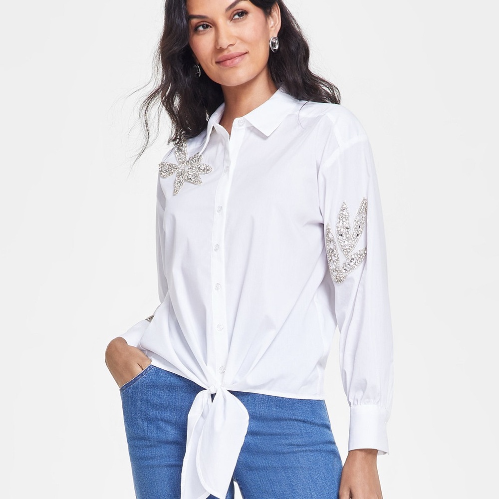 INC Tie-Front Blouse with Embellishments